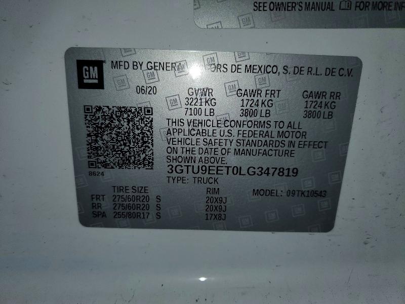 50826146 :رقم المزاد ، 3GTU9EET0LG347819 vin ، 2020 Gmc Sierra مزاد بيع