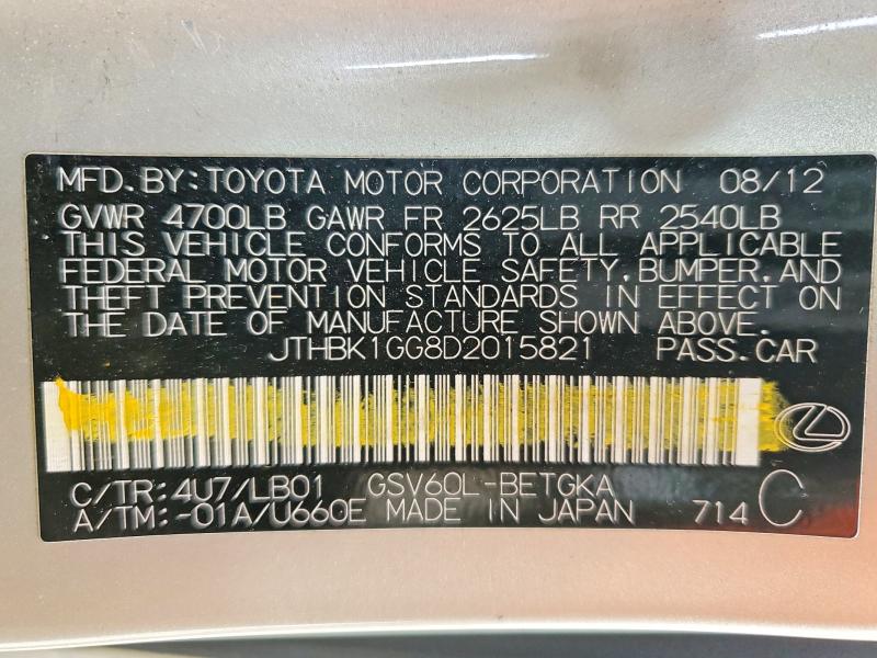 50400086 :رقم المزاد ، JTHBK1GG8D2015821 vin ، 2013 Lexus Es مزاد بيع