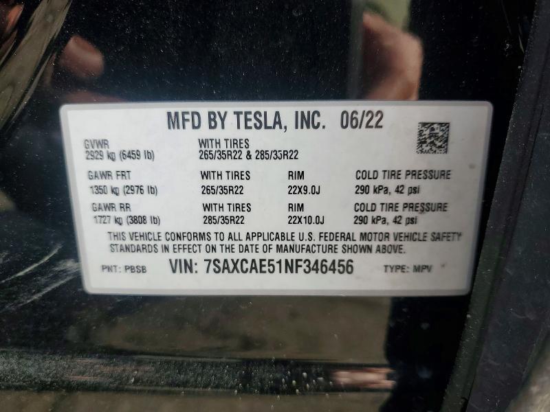 Aukcja sprzedaży 2022 Tesla Model X, vin: 7SAXCAE51NF346456, numer aukcji: 48865766