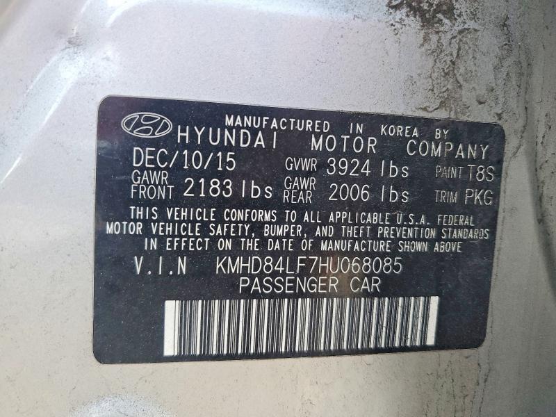 50572486 :رقم المزاد ، KMHD84LF7HU068085 vin ، 2017 Hyundai Elantra مزاد بيع