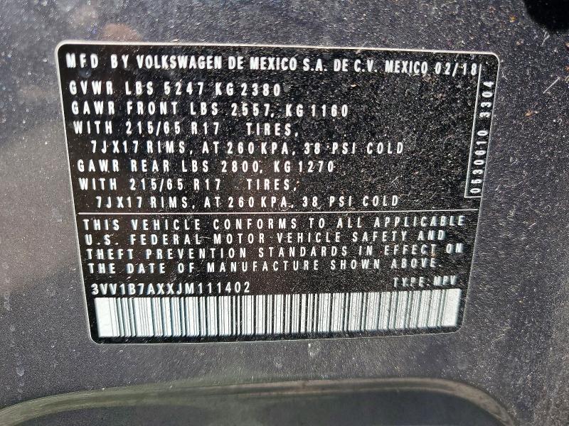Aukcja sprzedaży 2018 Volkswagen Tiguan, vin: 3VV1B7AXXJM111402, numer aukcji: 50181046