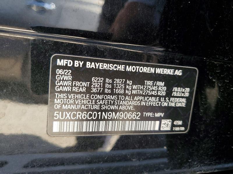 47555956 :رقم المزاد ، 5UXCR6C01N9M90662 vin ، 2022 Bmw X5 مزاد بيع