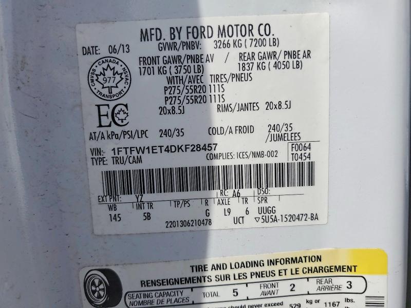 2013 Ford F150 მანქანა იყიდება აუქციონზე, vin: 1FTFW1ET4DKF28457, აუქციონის ნომერი: 49816326