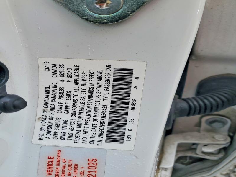 2019 Honda Civic მანქანა იყიდება აუქციონზე, vin: 2HGFC2F87KH544439, აუქციონის ნომერი: 49840366