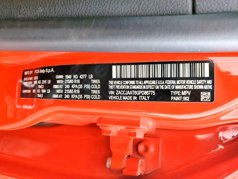 2016 Jeep Renegade მანქანა იყიდება აუქციონზე, vin: ZACCJAAT6GPD86775, აუქციონის ნომერი: 49893816