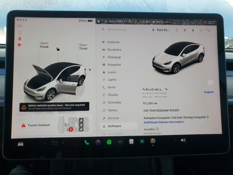 48715246 :رقم المزاد ، 7SAYGDEE8NF435497 vin ، 2022 Tesla Model Y مزاد بيع