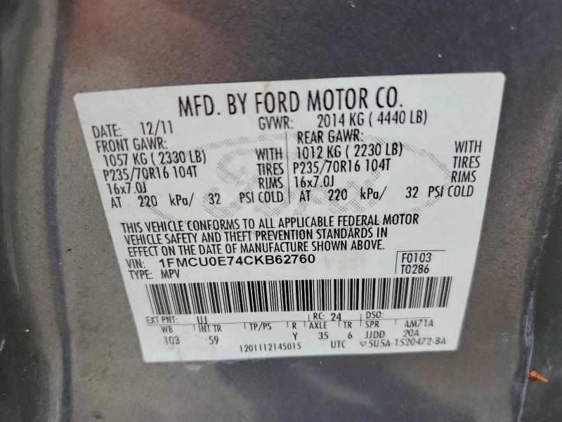 Aukcja sprzedaży 2012 Ford Escape, vin: 1FMCU0E74CKB62760, numer aukcji: 48740906