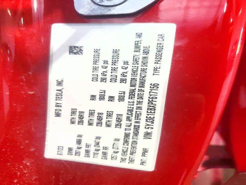 51241476 :رقم المزاد ، 5YJ3E1EBXPF617156 vin ، 2023 Tesla Model 3 مزاد بيع
