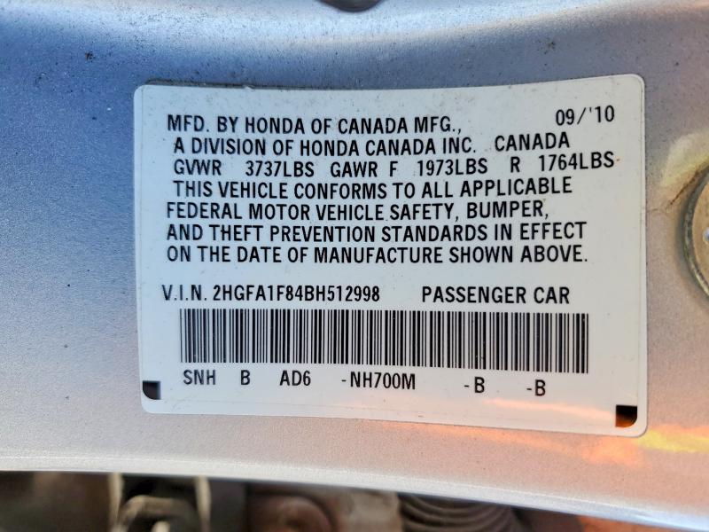 48797566 :رقم المزاد ، 2HGFA1F84BH512998 vin ، 2011 Honda Civic مزاد بيع