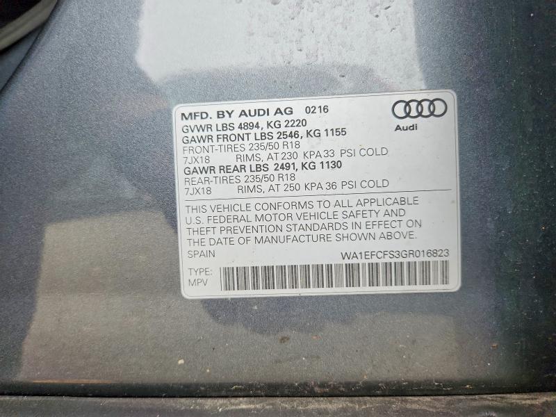 2016 Audi Q3 მანქანა იყიდება აუქციონზე, vin: WA1EFCFS3GR016823, აუქციონის ნომერი: 51467836