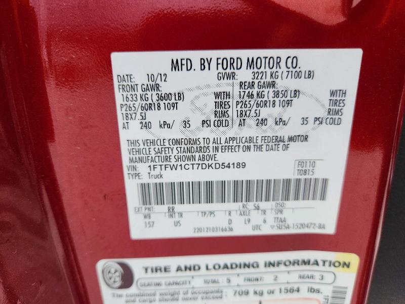 Auction sale of the 2013 Ford F150, vin: 1FTFW1CT7DKD54189, lot number: 47134696