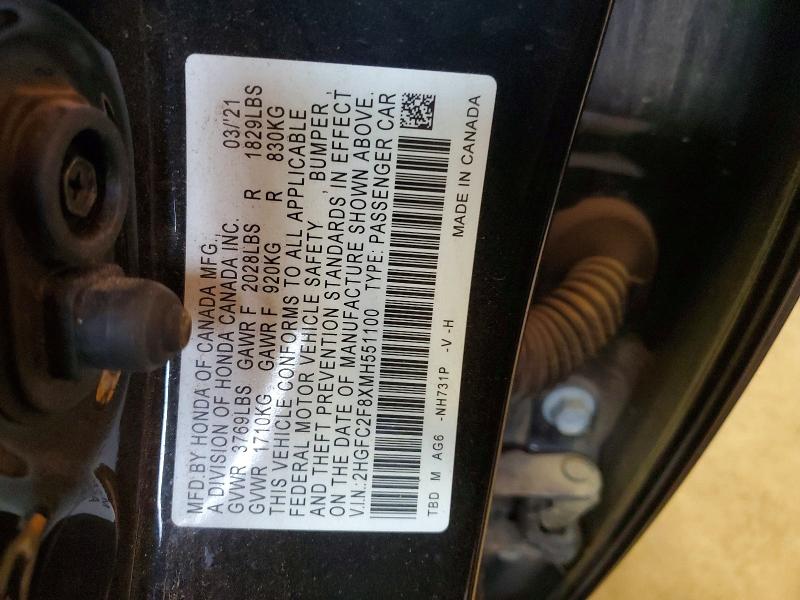 51833236 :رقم المزاد ، 2HGFC2F8XMH551100 vin ، 2021 Honda Civic مزاد بيع