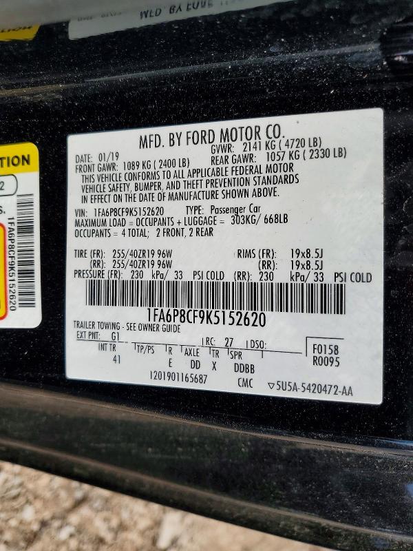 2019 Ford Mustang მანქანა იყიდება აუქციონზე, vin: 1FA6P8CF9K5152620, აუქციონის ნომერი: 50571136