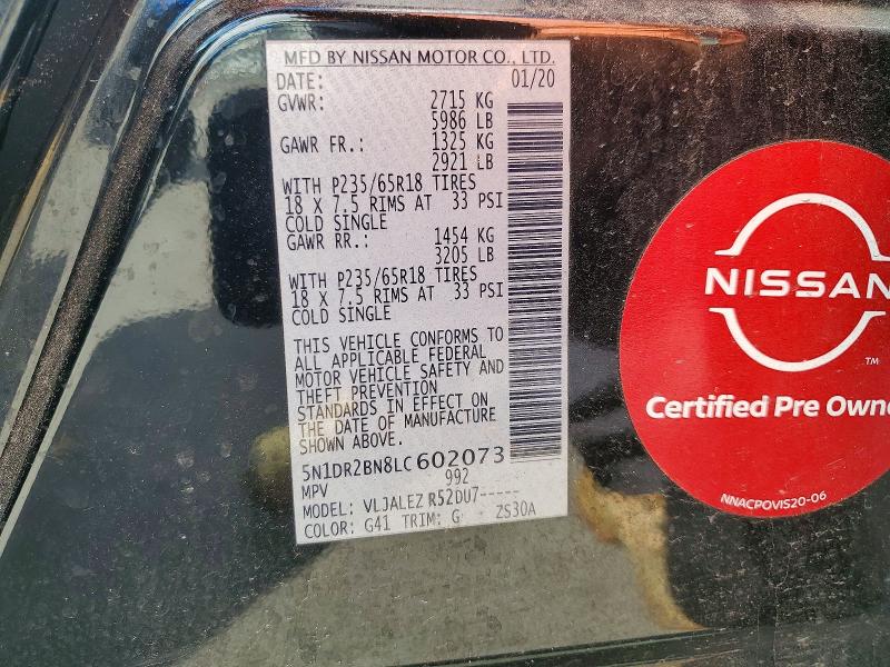 50481266 :رقم المزاد ، 5N1DR2BN8LC602073 vin ، 2020 Nissan Pathfinder مزاد بيع
