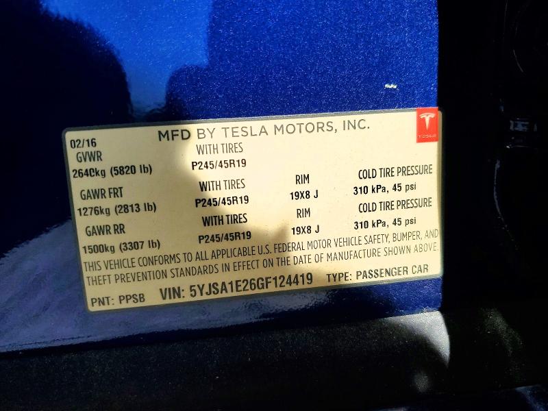 48037226 :رقم المزاد ، 5YJSA1E26GF124419 vin ، 2016 Tesla Model S مزاد بيع