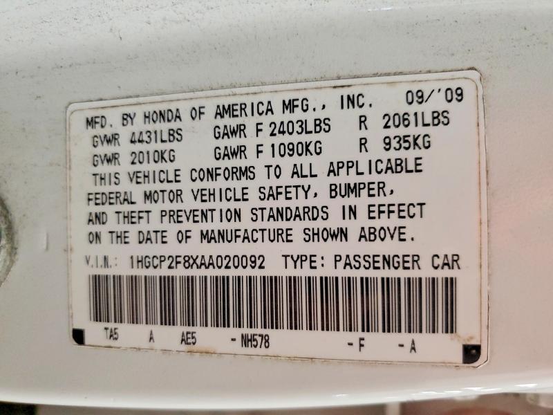 Продаж на аукціоні авто 2010 Honda Accord, vin: 1HGCP2F8XAA020092, номер лоту: 50657586