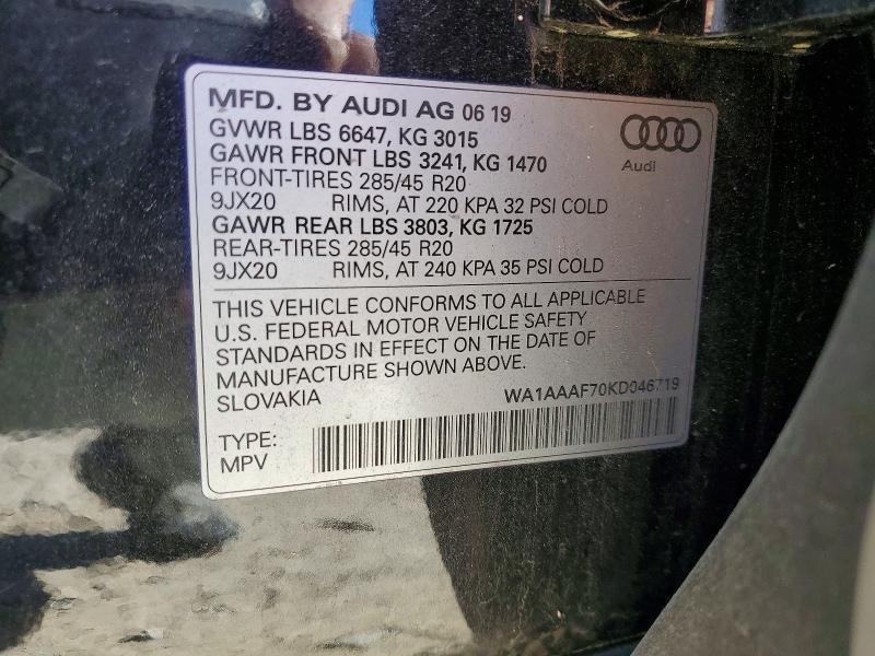 2019 Audi Q7 მანქანა იყიდება აუქციონზე, vin: WA1AAAF70KD046719, აუქციონის ნომერი: 50379106