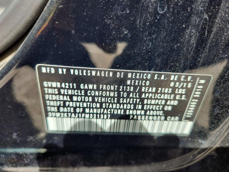 2015 Volkswagen Jetta მანქანა იყიდება აუქციონზე, vin: 3VW2K7AJ1FM321387, აუქციონის ნომერი: 51110826