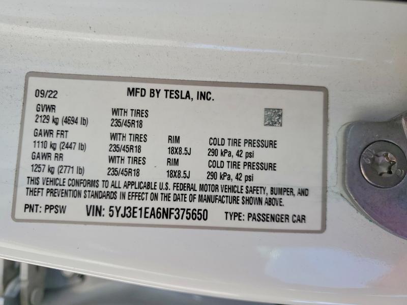 Продаж на аукціоні авто 2022 Tesla Model 3, vin: 5YJ3E1EA6NF375650, номер лоту: 49339156