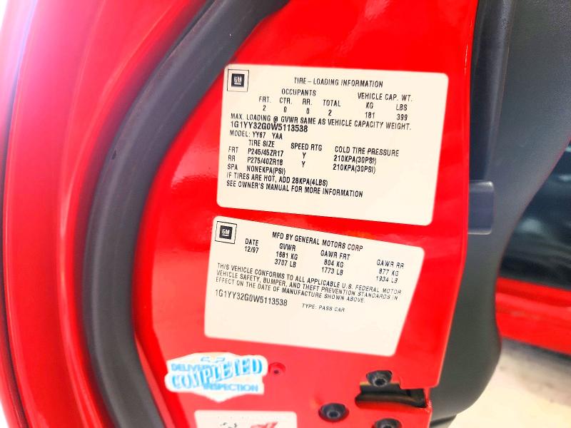 1998 Chevrolet Corvette მანქანა იყიდება აუქციონზე, vin: 1G1YY32G0W5113538, აუქციონის ნომერი: 48829976