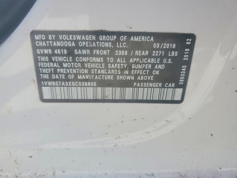 51562446 :رقم المزاد ، 1VWBS7A3XGC038605 vin ، 2016 Volkswagen Passat مزاد بيع