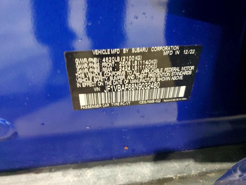 Aukcja sprzedaży 2022 Subaru Wrx, vin: JF1VBAF68N9032480, numer aukcji: 49582746