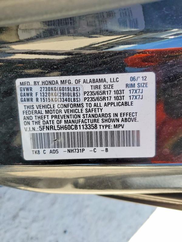 Aukcja sprzedaży 2012 Honda Odyssey, vin: 5FNRL5H60CB113358, numer aukcji: 49942146