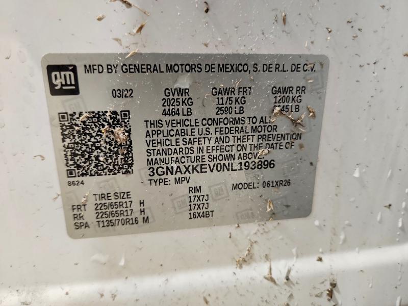 2022 Chevrolet Equinox მანქანა იყიდება აუქციონზე, vin: 3GNAXKEV0NL193896, აუქციონის ნომერი: 51512836