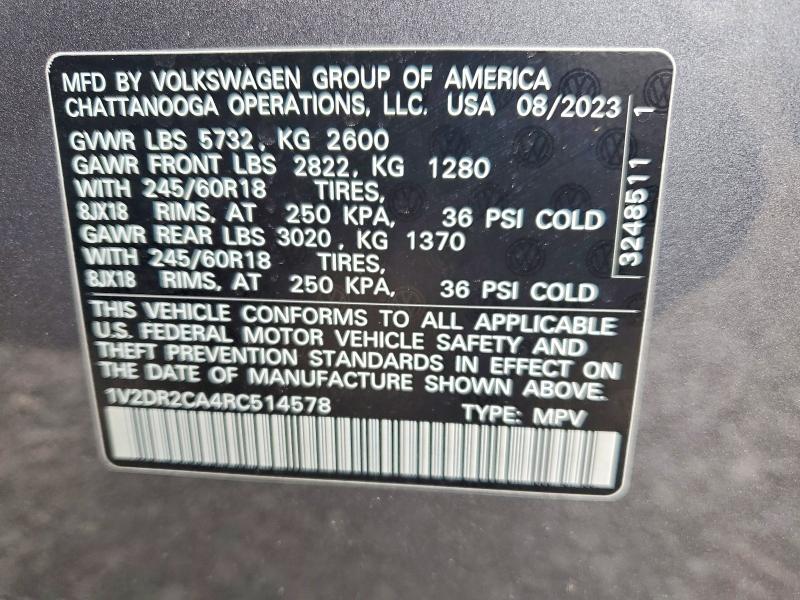 51776606 :رقم المزاد ، 1V2DR2CA4RC514578 vin ، 2024 Volkswagen Atlas مزاد بيع