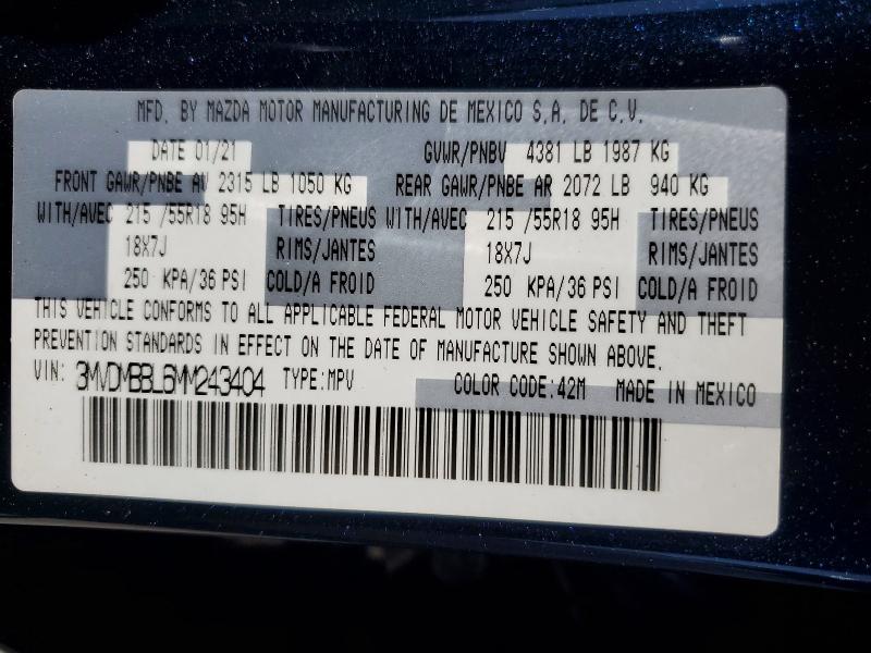 49666546 :رقم المزاد ، 3MVDMBBL6MM243404 vin ، 2021 Mazda Cx-30 مزاد بيع