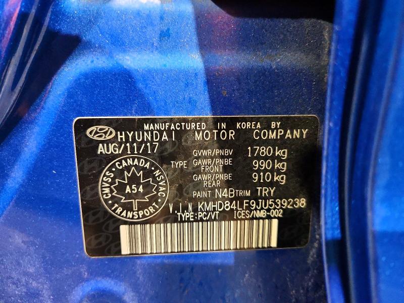 49893856 :رقم المزاد ، KMHD84LF9JU539238 vin ، 2018 Hyundai Elantra مزاد بيع