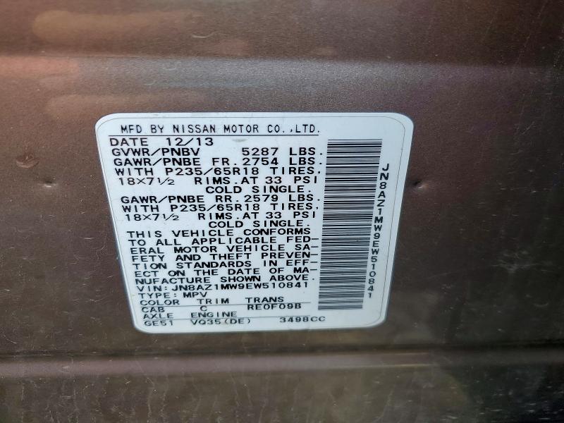 2014 Nissan Murano მანქანა იყიდება აუქციონზე, vin: JN8AZ1MW9EW510841, აუქციონის ნომერი: 49786556