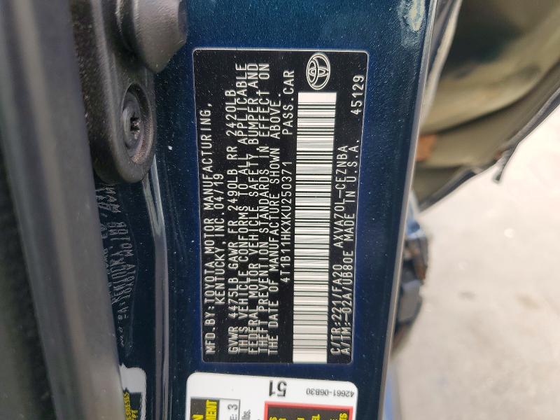 Aukcja sprzedaży 2019 Toyota Camry, vin: 4T1B11HKXKU250371, numer aukcji: 47860226