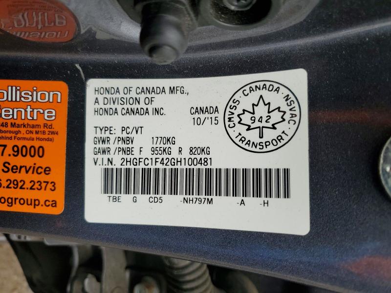Aukcja sprzedaży 2016 Honda Civic, vin: 2HGFC1F42GH100481, numer aukcji: 49132766