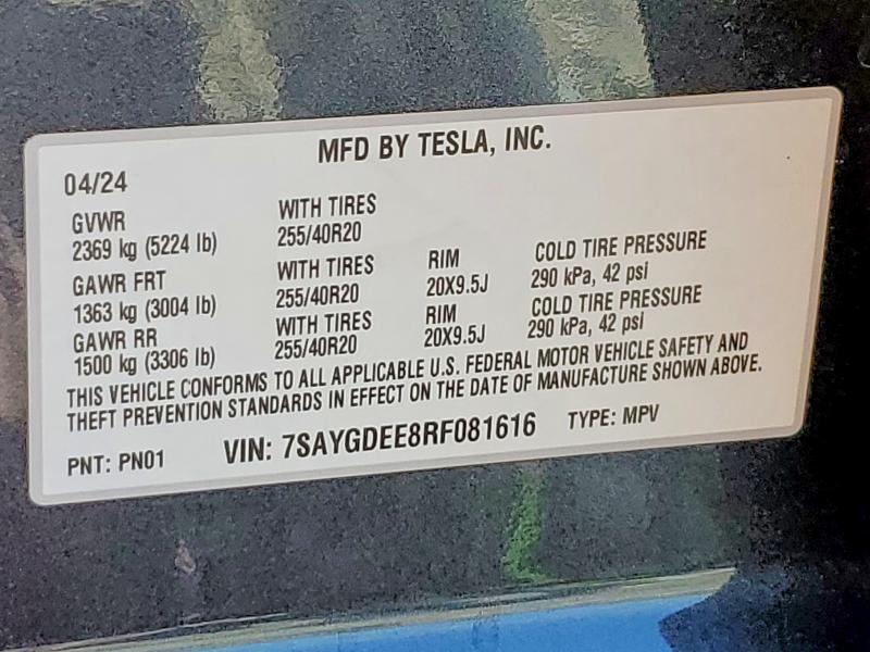 2024 Tesla Model Y მანქანა იყიდება აუქციონზე, vin: 7SAYGDEE8RF081616, აუქციონის ნომერი: 51201046