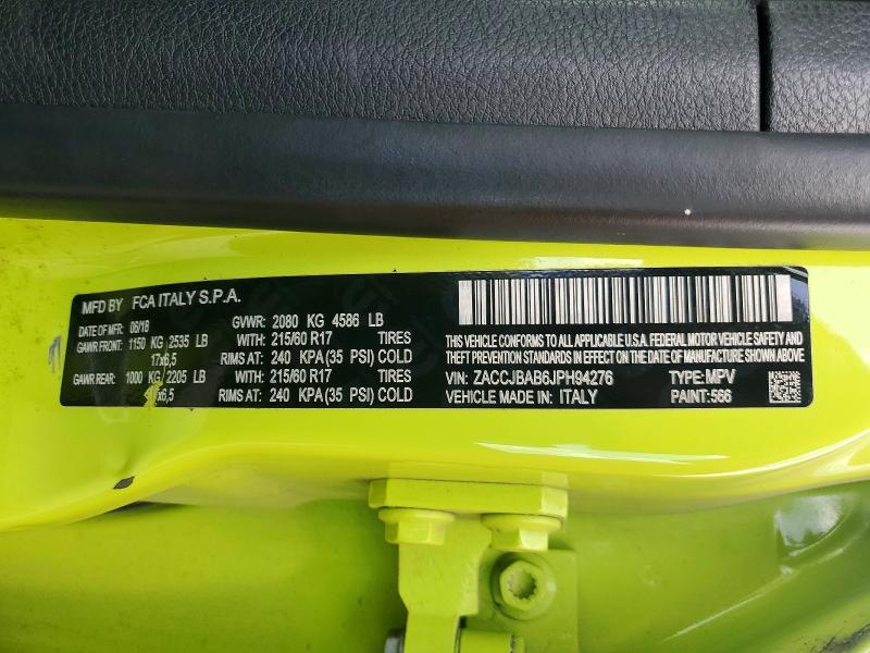 Продажа на аукционе авто 2018 Jeep Renegade, vin: ZACCJBAB6JPH94276, номер лота: 50954986