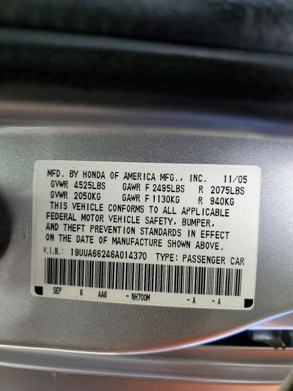 2006 Acura 3.2tl მანქანა იყიდება აუქციონზე, vin: 19UUA66246A014370, აუქციონის ნომერი: 48511006