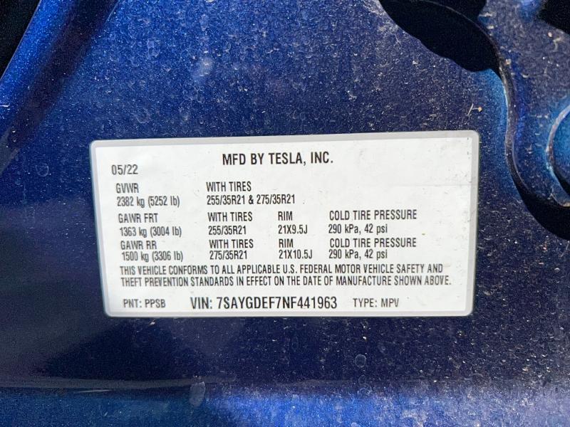 50178006 :رقم المزاد ، 7SAYGDEF7NF441963 vin ، 2022 Tesla Model Y مزاد بيع