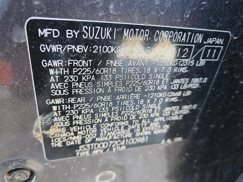 2012 Suzuki Grand Vitara მანქანა იყიდება აუქციონზე, vin: JS3TD0D72C4100981, აუქციონის ნომერი: 48111566