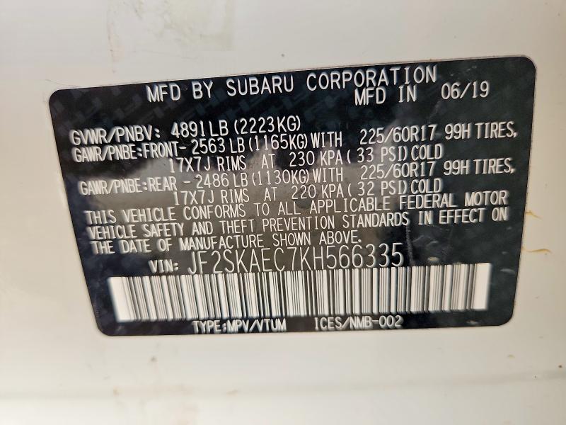 2019 Subaru Forester მანქანა იყიდება აუქციონზე, vin: JF2SKAEC7KH566335, აუქციონის ნომერი: 49828526