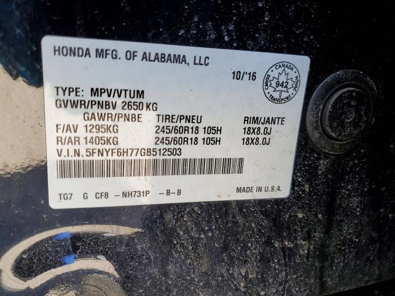 50997116 :رقم المزاد ، 5FNYF6H77GB512503 vin ، 2016 Honda Pilot مزاد بيع