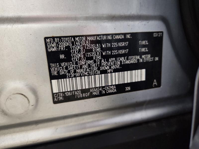Продажа на аукционе авто 2021 Toyota Rav4, vin: 2T3P1RFV7MC193138, номер лота: 49725536