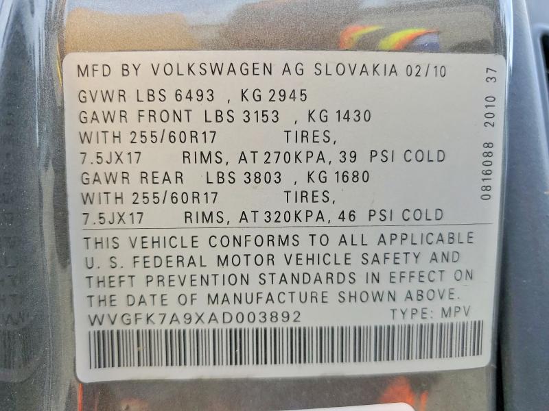 Продажа на аукционе авто 2010 Volkswagen Touareg, vin: WVGFK7A9XAD003892, номер лота: 51956976