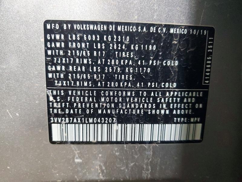 Aukcja sprzedaży 2020 Volkswagen Tiguan, vin: 3VV2B7AX1LM043207, numer aukcji: 50968366