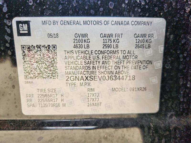 2018 Chevrolet Equinox მანქანა იყიდება აუქციონზე, vin: 2GNAXSEV0J6344718, აუქციონის ნომერი: 50839466