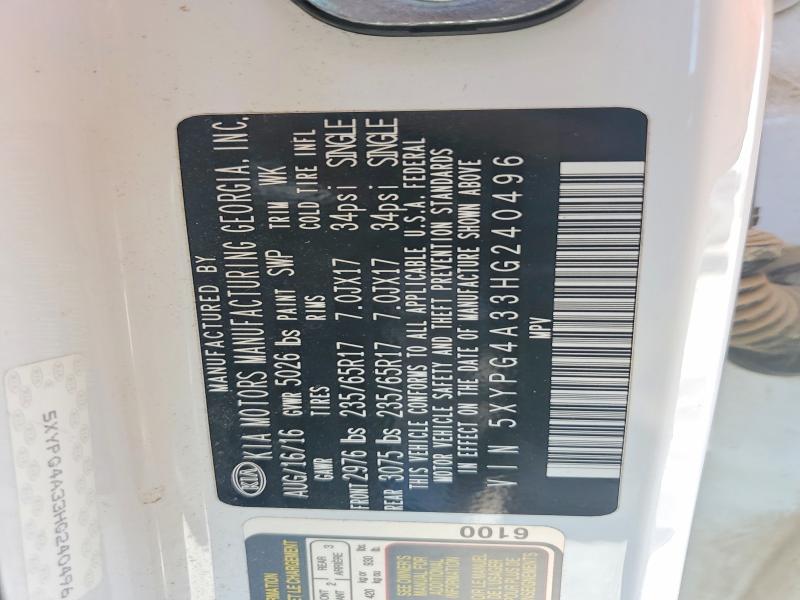 50908796 :رقم المزاد ، 5XYPG4A33HG240496 vin ، 2017 Kia Sorento مزاد بيع