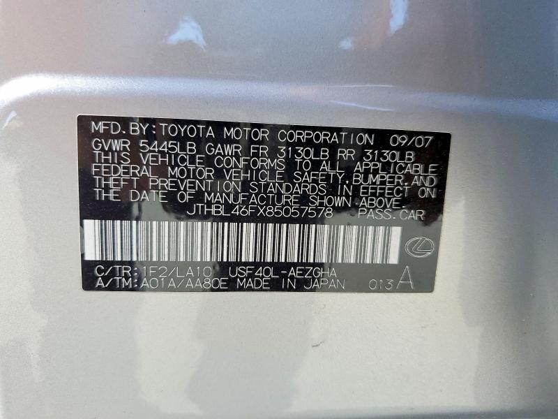 50661386 :رقم المزاد ، JTHBL46FX85057578 vin ، 2008 Lexus Ls مزاد بيع