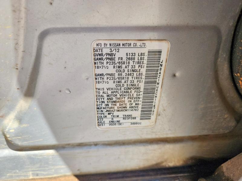 2012 Nissan Murano მანქანა იყიდება აუქციონზე, vin: JN8AZ1MU6CW114782, აუქციონის ნომერი: 49460916