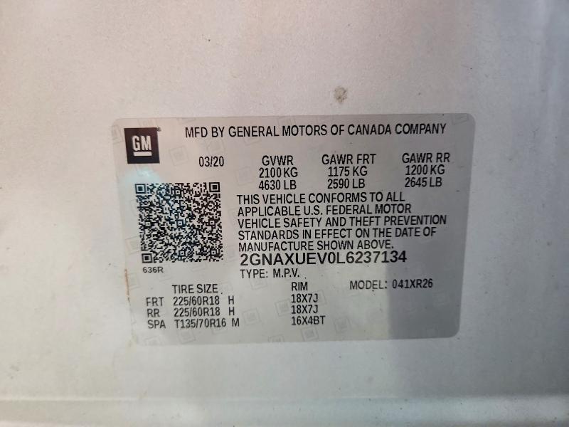 48207476 :رقم المزاد ، 2GNAXUEV0L6237134 vin ، 2020 Chevrolet Equinox مزاد بيع