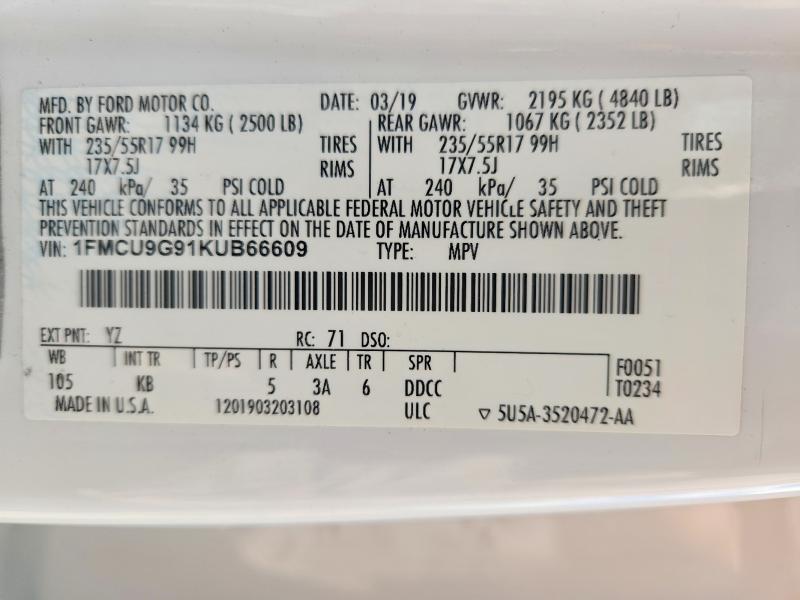 2019 Ford Escape მანქანა იყიდება აუქციონზე, vin: 1FMCU9G91KUB66609, აუქციონის ნომერი: 50172306